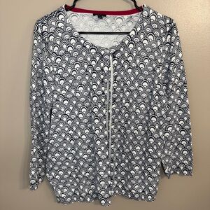 Talbots Navy White Geometric Cotton Rayon Cardigan Sweater 3/4 Sleeves Women’s L